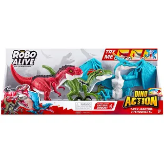 ZURU - Robo Alive – Dino Action Mega Pack 3 Dinos – T-Rex, Raptor, Pterodactyl – Dinosaurier-Roboter – realistische Bewegungen – Sound – 7176
