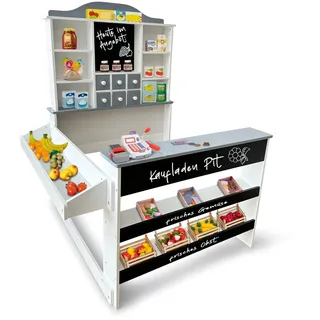 Coemo Kaufladen Pit aus Holz mit Spielkasse Linus und Preisschildern | Kaufladen-Zubehör für Kinder: Rollenspiel und Lernspaß | Farbe:Grau
