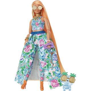 Barbie Extra Fancy, kurvige Langen erdbeerblonden Haaren, zweiteiliges Outfit, Blaue Katze, rosa Handtasche, Ananas-Sonnenbrille, inkl Puppe, als Geschenk geeignet,HHN14