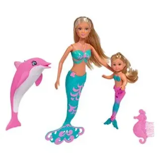 Steffi-Love Puppe Mermaid Friend, ab 3 Jahre, Steffi und Evi als Meerjungfrauen mit Delfin, 29 cm