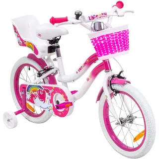 Actionbikes Kinderfahrrad Unicorn 16 Zoll, Pink, Einhorn-Design, Puppensitz, Stützräder, Fahrradkorb