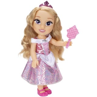 Disney Princess Aurora Puppe 35cm, reflektierende Glitzeraugen, bewegliche Gelenke, ausziehbares Kleid, Schuhe, Krone, langes Blondes Haar, für Mädchen ab 3 Jahren