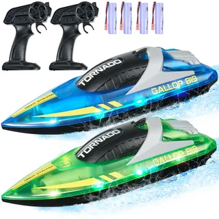 VEVOR RC Boot 2er-Set, 2,4GHz 12km/h, Ferngesteuertes Boot für Pools & Seen, Rennboot mit LED-Licht, 4 wiederaufladbare Batterien, Ganzkörper wasserdicht, Geschenk für Jungen & Mädchen, Blau/Grün