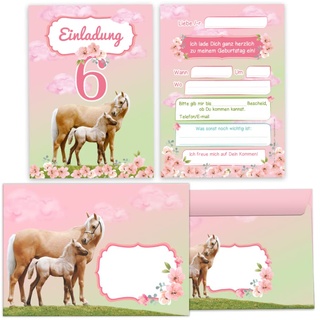 Junapack 12 Einladungskarten incl. 12 Umschläge zum 6. Kindergeburtstag sechste Geburtstag Mädchen Pferd mit Fohlen