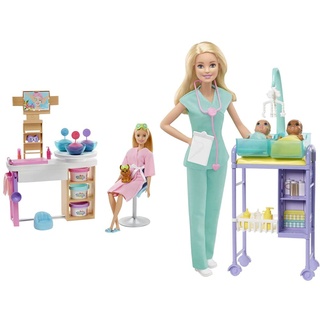 Barbie GJR84 - Wellness Gesichtsmasken Spielset, Puppe (blond), Hündchen, Spa-Station & GKH23 - Kinderärztin-Spielset mit Blonder Puppe, 2 Baby-Puppen, Untersuchungstisch mit Zubehör