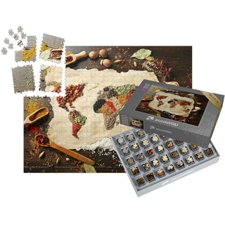 puzzleYOU: SMART Sorted® | Puzzle 1000 Teile leicht gemacht „Weltkarte aus verschiedenen Gewürzen auf Holzuntergrund “