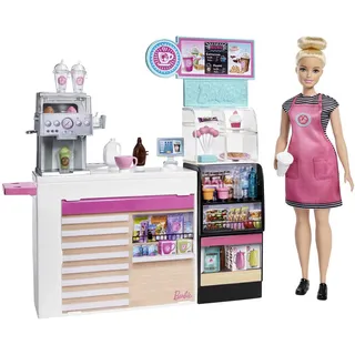 Barbie GMW03 - Naschcafé Spielset, kurviger Blonde (30,4 cm), +20 realistische Spielteile: Maschine, Milch, Sirup, Kaffeebecher, Wasserflaschen, Süßigkeiten, Snacks und mehr, ab 3 Jahren