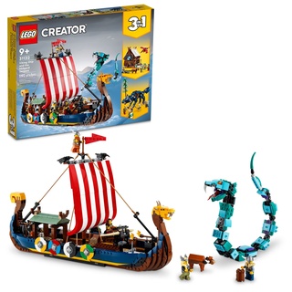 LEGO Creator 3-in-1 Wikingerschiff und die Midgard-Schlange, verwandelt sich vom erstaunlichen Schiff in Wikingerhaus oder Fenris Wolf Figur, Geschenke für Kinder, Jungen und Mädchen, 31132
