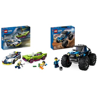 LEGO City Verfolgungsjagd mit Polizeiauto und Muscle Car, Auto-Spielezug mit 2 Rennautos & City Blauer Monstertruck, Offroad-Auto-Spielzeug, Fahrzeug-Set