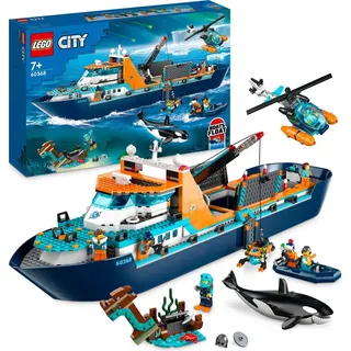 LEGO 60368 City Arktis-Forschungsschiff, großes schwimmfähiges Spielzeug-Boot mit Hubschrauber, Beiboot, ROV-U-Boot, Wikingerschiffswrack, 7 Mini...