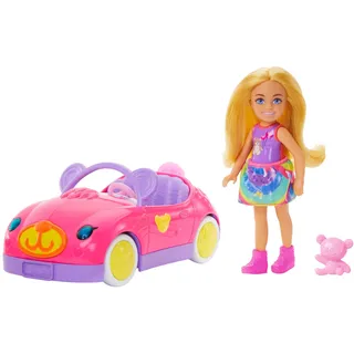 Barbie Chelsea-Puppe und Spielzeugauto-Set mit Cabrio im Bären-Design und Teddybär, Blonde kleine Puppe mit abnehmbarem Rock und Schuhen, HXN05