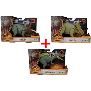 Mattel® Actionfigur Mattel 3er-Set Jurassic World Dominion HDX40 Triceratops, HDX43 Sinoce, (3er-Set Jurassic World Dominion mit DNA Scankarten + Sound) bunt