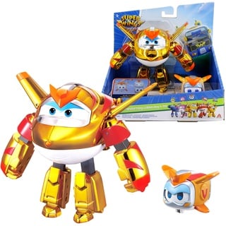 Super Wings EU770441 - Transforming Golden Boy & Pet, ca. 12 cm große verwandelbare Spiel-Figur mit ca. 4,3 cm großem Haustier, für Kinder ab 3 Jahren, Goldfarben