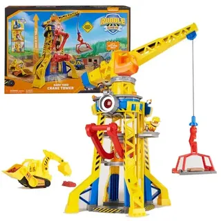 Rubble & Crew – Baupfoten Hof - Kran-Spielset (68 cm) mit Rubble-Actionfigur, Planierraupen-Baufahrzeug, Kinetic Sand