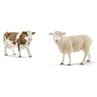 SCHLEICH 13801 Fleckvieh-Kuh, für Kinder ab 3+ Jahren, Farm World - Spielfigur & 13882 Schaf, für Kinder ab 3+ Jahren, Farm World - Spielfigur