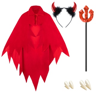 iLuane Teufel Kostüm Damen, Faschingskostüme Frauen Damen Teufel, 155 cm Teufel Umhang Damen, mit 1x Teufelswinkel, für Karneval Masquerade, Halloween, Cosplay