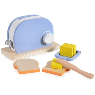 Moni Spielzeug Toaster 4341 Set Holz, Drehknopf, Butter, Messer, Toastscheiben hellblau