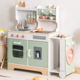 ROBUD Kinderküche aus Holz mit Kaffeemaschine, Eiswürfelmaschine, Grill, Geschirr und Spielzeugessen - Geeignet für Kinder ab 3 Jahren