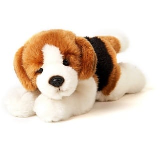 Uni-Toys Kuscheltier Welpe, liegend - versch. Hunde - 23/24 cm (Länge) - Plüsch, Plüschtier, zu 100 % recyceltes Füllmaterial Beagle