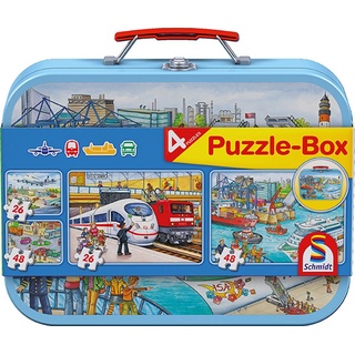 Schmidt Spiele Puzzle Puzzlekoffer Puzzlebox Verkehrsmittel 2 x 26 + 2 x 48 Teile, 2 Puzzleteile