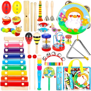 NCKIHRKK 30 Stück Musikinstrumente für Kinder, Holz Percussion Set Schlagzeug Schlagwerk Rhythm Toys, Holzschlaginstrumente für Spiel und Rhythmus, Xylophon, Spielzeug für Kleinkinder ab 3 Jahre