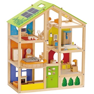 Hape Vier-Jahreszeiten Puppenhaus aus Holz von Hape | Preisgekröntes dreistöckiges Puppenhaus mit Mobiliar, Zubehör, verschiebbaren Treppen und wendbarem Dach für jede Jahreszeit
