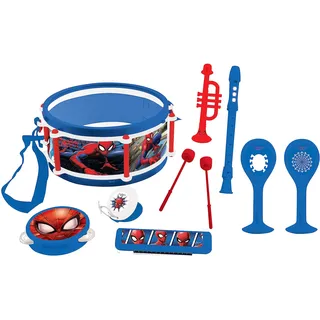 Lexibook K360SP Marvel Spiderman Set mit 7 Musikinstrumenten (Trommel, Maracas, Kastagnette, Mundharmonika, Blockflöte, Trompete, Tamburin), Musikspielzeug, bequemes Spiel, Blau/Rot