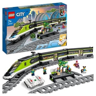 Lego City Personen-Schnellzug, Set mit ferngesteuertem Zug, Eisenbahn-Spielzeug mit Scheinwerfern, 2 Wagen und 24 Schienen-Elementen, Geschenk für Kinder, Jungen und Mädchen 60337