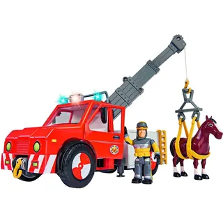 Simba 109258280 - Feuerwehrmann Sam Phoenix mit Figur und Pferd, 23cm, Mit Sam Figur und Pferd, Ausfahrbarer Kran, Mit Blaulicht