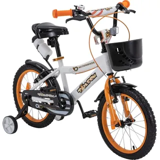 Actionbikes Kinderfahrrad Timson 16 Zoll - Fahrrad - Kinderrad - Mädchen - Jungen - Trinkflasche - V-Brake-Bremse - Stützräder - 4-7 Jahre - Weiß/Orange