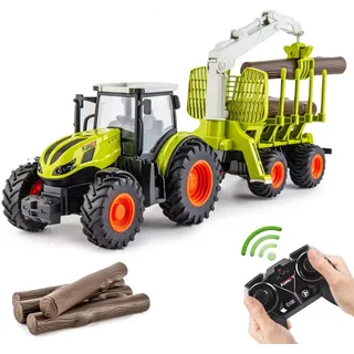 Ferngesteuerter Traktor Ferngesteuert, RC Traktor mit Anhänger, Holzgreifer, 4 Holzstreifen, LKW spielzeug ab 3 4 5 6 jahre