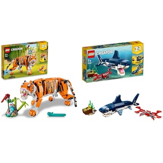 LEGO 31129 Creator Majestätischer Tiger, Panda oder Fisch & 31088 Creator Bewohner der Tiefsee, Spielzeug mit Meerestieren Figuren: Hai, Krabbe, Tintenfisch und Seeteufel, Set für Kinder ab 7 Jahre