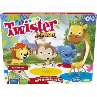 Twister Junior Tierabenteuer, doppelseitige Matte, 2 Spiele in 1, Partyspiel, Innenspiel für 2-4 Spieler (niederländische Version)