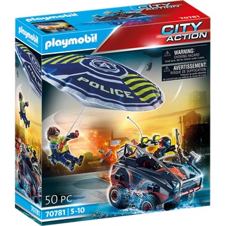 PLAYMOBIL City Action 70781 Polizei-Fallschirm: Verfolgung des Amphibien-Fahrzeugs, Schwimmfähig, Spielzeug für Kinder ab 5 Jahren