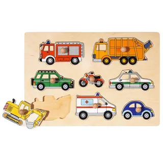 Goki 57996 Steckpuzzle Kinder Holzpuzzle mit Feuerwehr, Polizei, Bagger & weiteren, natürlicher Holzhintergrund, 8er Set, bunten Fahrzeugen |, Spielzeug ab 1 Jahr