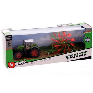 Bburago Spielzeug-Auto Bburago - Fendt Traktor mit Schwader (10cm), detailliertes Modell grün