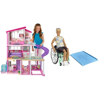 Barbie GNH53 Traumvilla Dreamhouse Adventures Puppenhaus mit 3 Etagen, 8 Zimmer, Pool mit Rutsche und Zubehör & GWX93 - Ken Puppe mit Rollstuhl und Rampe, bekleidet mit einem Batik-Shirt