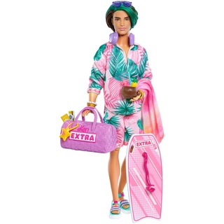 Barbie Extra Fly - Ken Reisepuppe mit tropischem Outfit, Boogie Board, Seesack und Zubehör für kreatives Geschichtenerzählen, beweglicher Körper, für Kinde ab 6 Jahren, HNP86