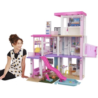 Barbie Dream House (114 cm), 3-stöckiges Puppenhaus mit Barbie-Pool, Rutsche, Barbie-Rollstuhllift, 75+ Barbie-Zubehörteile, ohne Barbie-Puppen, als Geschenk für Kinder ab 3 Jahren geeignet, GRG93