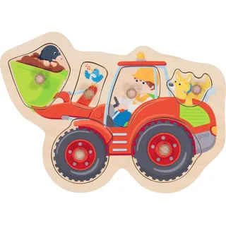 goki 57345 - Steckpuzzle Schaufelbagger - 6 robuste Teile aus Holz - angenehme Haptik- perfekt für kleine Baggerfans