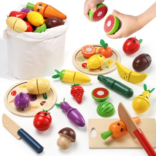GAGAKU Hölzerne Spiellebensmittel-Sets für Kinder, Pretend Food Play Kitchen Cutting Fruits Vegetables Toys