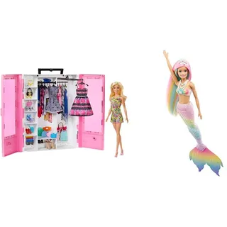 Barbie GBK12 - Traum Kleiderschrank mit Puppe und Puppenzubehör, ab 3 Jahren & GTF89 - Dreamtopia Regenbogenzauber Meerjungfrauen-Puppe mit Regenbogenhaaren und Farbwechsel-Funktion, 3 bis 7 Jahren