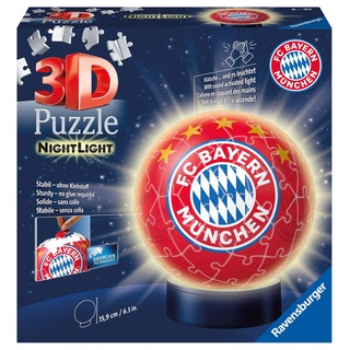 Ravensburger 3D Puzzle 12177 - Nachtlicht Puzzle-Ball FC Bayern München - 74 Teile - ab 6 Jahren, LED Nachttischlampe mit Klatsch-Mechanismus