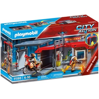 PLAYMOBIL City Action 71193 Mitnehm-Feuerwehrstation mit Feuerwehr-Motorrad, Aufklappbare Spielbox mit Griff, Mitnehm-Spielzeug, Spielzeug für Kinder ab 4 Jahren