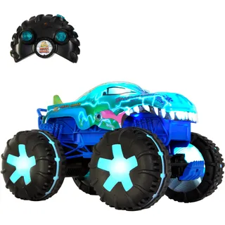 Hot Wheels Monster Trucks Ferngesteuertes Auto, Spielzeugtruck, übergroßer Mega-Wrex Alive im Maßstab 1:15 mit Fernbedienung, 3 ferngesteuerte Spielmodi mit interaktiven Lichtern und Geräuschen, JBD90