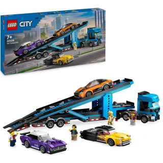 Lego City Autotransporter mit Sportwagen, Set mit 4 Spielzeugautos für Jungen und Mädchen ab 7 Jahren, Weihnachts- oder Geburtstagsgeschenk, 4 Minifiguren für Rollenspiele 60408