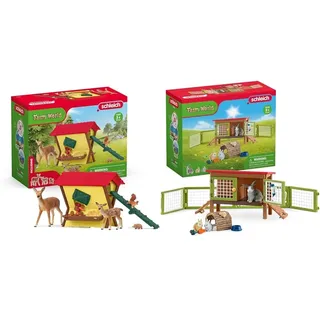 SCHLEICH 42658 Fütterung der Waldtiere, ab 3 Jahren, FARM WORLD - Spielset, 39 Teile & 42420 FARM WORLD Kaninchenstall, 16 Teile Spielset mit 3 Kaninchen Tierfiguren