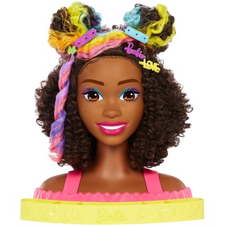 Barbie HMD79 - Barbie-Puppe Deluxe Styling-Kopf, Barbie Totally Hair, lockige braune Neon-Regenbogen-Haare, Puppenkopf für Haar-Styling, Color Reveal-Zubehörteile, ab 3 Jahren