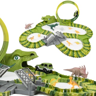 CELMAN Dinosaurier Rennbahn – Flexibles Rennbahnset für Kinder, Kreatives Dino Spielzeug mit viele Teilen und Geländewagen – Pädagogisches Konstruktionsspielzeug ab 3 4 5 6 7 8 Jahren (D-159)