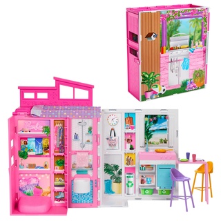 Barbie-Puppenhaus Spielset, Ferienhaus mit 4 Spielbereichen, darunter Küche, Badezimmer, Schlafzimmer und Lounge, 11 Deko-Zubehörteile, HRJ76
